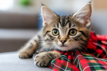 Naklejka premium Scottish fold cat in a kilt lounging on a cozy couch