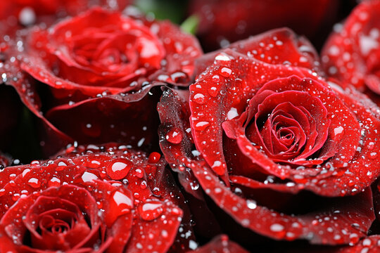 Red rose petals with fine veins and dew drops - Powered by Adobe