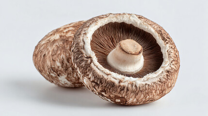 Portobello Duo: Two portobello mushrooms in crisp detail, set against a background showing off the earthy texture and culinary appeal.