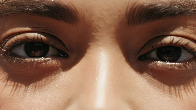 Close up of human eye and eyebrow showing skin texture, emotion, vulnerability, and unresolved trauma with natural light highlighting depth