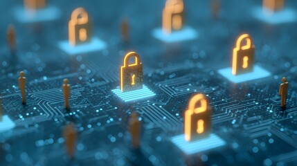 Digital Circuit with Illuminated Locks and Human Figures Representing Cybersecurity