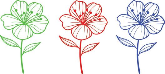 Three stylized flowers in green red and blue outline on white background