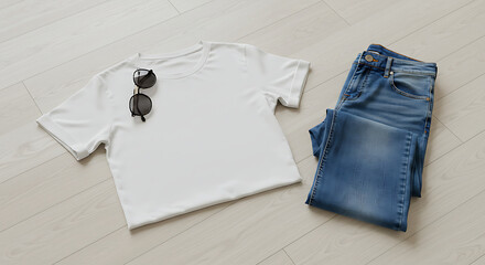 A clean white tshirt and blue denim jeans with sunglasses laid out