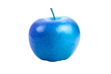 a blue apple with a green stem on a white background