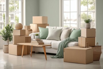 Modern Living Room with Moving Boxes, Cozy Sofa and Green Pillows, New Home Relocation Concept