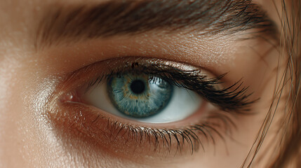 Extreme Close-Up of Blue Female Eye with Detailed Iris, Eyelashes and Skin Texture, Macro Beauty Photography