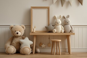 Cozy Minimalist Kids Room with Wooden Furniture, Teddy Bear and Plush Toys, Neutral Beige Interior Design