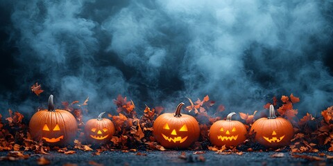 Spooky carved pumpkins glow in the darkness surrounded by falling autumn leaves, creating a Halloween festive atmosphere