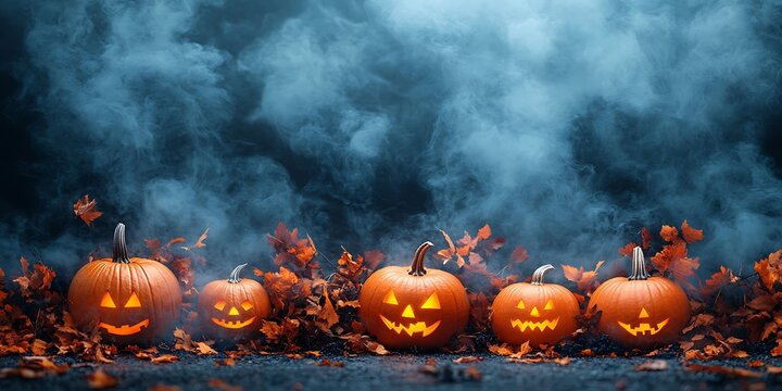 Spooky carved pumpkins glow in the darkness surrounded by falling autumn leaves, creating a Halloween festive atmosphere - Powered by Adobe