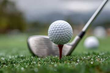A white golf ball rests on a tee, with a club poised nearby, surrounded by a wet grassy landscape on a cloudy day