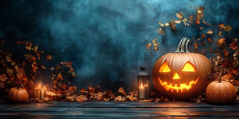 Carved pumpkins and fall leaves create a warm Halloween ambiance on wooden planks in the dark setting, festive season decoration.
