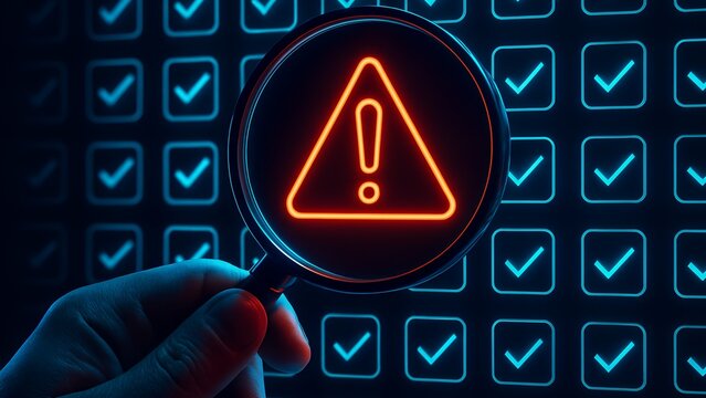 Hand Holding Magnifying Glass Focusing on Warning Sign Among Checkmarks