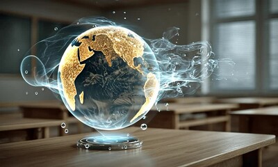 A glowing globe with detailed continents floats above a platform, emitting wispy, ethereal energy in a classroom - Powered by Adobe