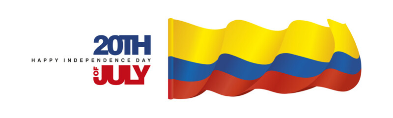 20th of July Colombia Independence Day banner with wavy Colombia flag on white background