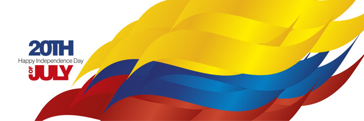 Colombia Independence Day 20th of July banner. Bold typography lettering message 20th of July on Colombia abstract flag ribbon background