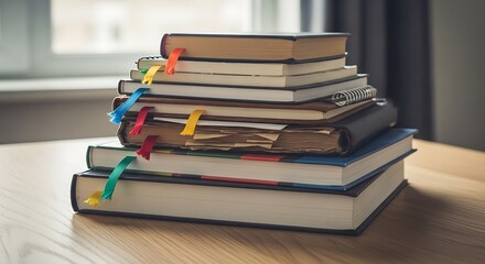 Fototapeta premium Stacked Books with Colorful Ribbons Exploring Bound Knowledge and Whisk_8df0f75795.jpg Inspiration