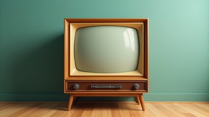 Retro Wooden Television Set on Green Wall Background