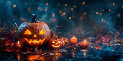 Naklejka premium Glowing jack o lantern displays autumn Halloween spirit, evoking spooky season vibes with bokeh lights and fall foliage
