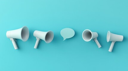 Minimalist white megaphones and speech bubbles on light teal background.