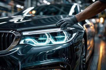 In an automotive production facility, a worker adjusts the headlight of a shiny, modern car, focusing on precise assembly tasks