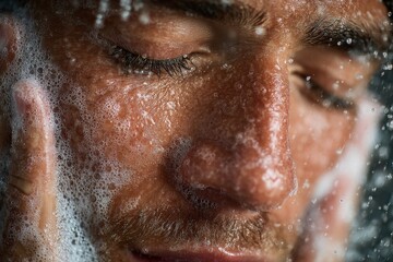 A man enjoys a refreshing face wash while water and soap foam cascade over his face in a bright bathroom