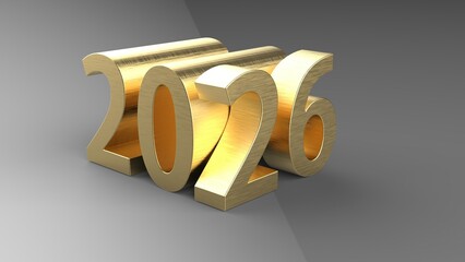 Created using i2026 New Year 3d symbol typography. 3D rendered illustration. 2026 lettering in shiny gold numbers. Stock image.