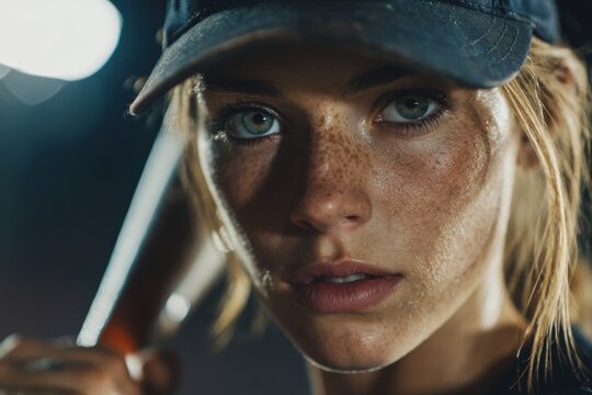 Under the stadium lights, a determined young athlete grips a baseball bat, her intense gaze reflecting commitment and focus as she awaits action Generative AI - Powered by Adobe