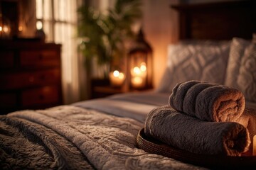 Soft towels are neatly arranged on a tray in a warm and inviting bedroom with candles glowing softly in the evening light