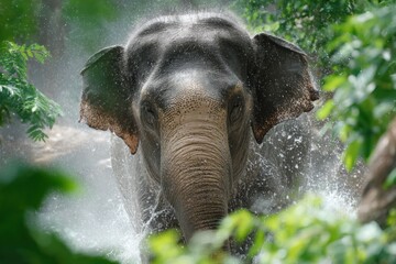 An elephant enjoys splashing water while surrounded by vibrant foliage, creating a beautiful moment in a natural habitat