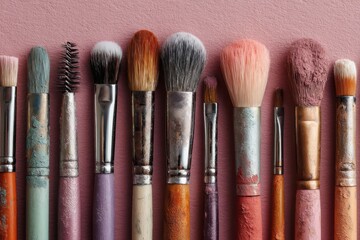 A collection of makeup brushes is displayed on a soft pink surface, showcasing different shapes, sizes, and colors of bristles, ready for use