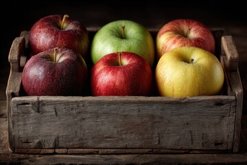 A rustic wooden basket contains a colorful selection of apples, showcasing red, green, and yellow varieties with vibrant colors