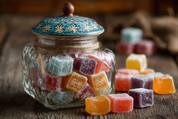 A decorative glass jar filled with various colorful candy cubes sits on a rustic wooden table with scattered pieces around it