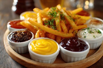 A platter of golden fries is accompanied by multiple dipping sauces, showcasing a tempting selection perfect for sharing over drinks