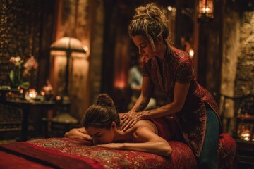 A therapist is providing a calming massage to a client in an intimate spa environment enhanced by warm lighting and rich decor