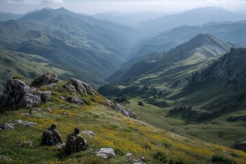 Two soldiers sit on rocky terrain, enjoying stunning views of rolling green hills and valleys under a cloudy sky during patrol