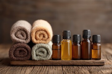 Rolled towels in soft colors are arranged beside amber bottles of essential oils on a rustic wooden surface, promoting relaxation