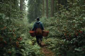 A person carrying two baskets filled with berries walks along a narrow forest path surrounded by tall trees and verdant foliage