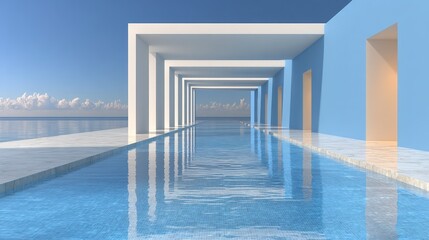 Obraz premium Modern white and blue structure with an infinity pool extending to the ocean horizon