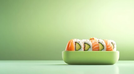 Fresh salmon sushi rolls in a green bowl on a mint green surface.