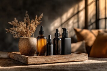 Skincare products are arranged on a wooden tray beside a vase of dried flowers, illuminated by warm, natural sunlight in a cozy setting