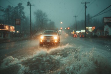 Vehicle struggles through flooded urban street during a heavy rainstorm in the evening, highlighting challenges of inclement weather