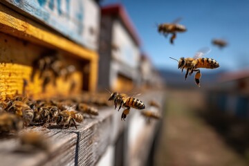 Busy bees are flying around their hives in a sunny field, collecting nectar and pollen on a warm summer day