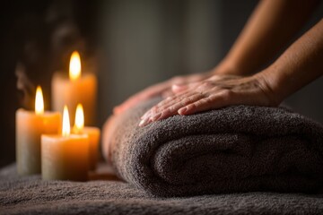 Silky towels are neatly arranged while hands prepare for a calming massage session, with flickering candles creating a peaceful atmosphere