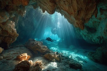 Diver explores a beautiful underwater cave illuminated by sunlight filtering through the surface, showcasing vibrant aquatic life and rock structures
