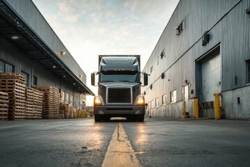 A large freight truck stands at rest in an industrial area, surrounded by warehouses and stacked pallets during the early morning light