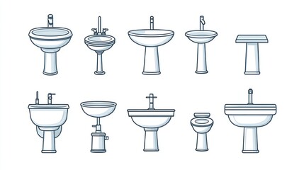 Collection of various pedestal sinks and bathroom fixtures.
