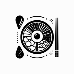 Obraz premium Minimalist Black Vector Logo of Bibimbap Bowl with Chopsticks Isolated on White Background