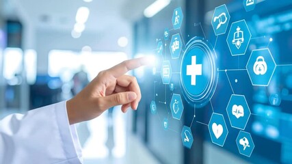 Medical technology interface with a hand touching a digital display - Powered by Adobe