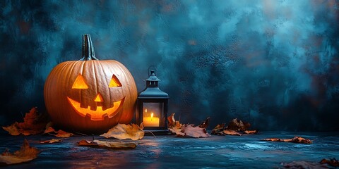 Fototapeta premium Spooky Halloween arrangement with glowing pumpkins, lanterns, and colorful fall leaves for an autumn celebration
