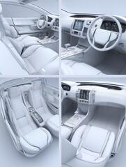 Car interior and exterior views arranged in a modular editorial format with captions